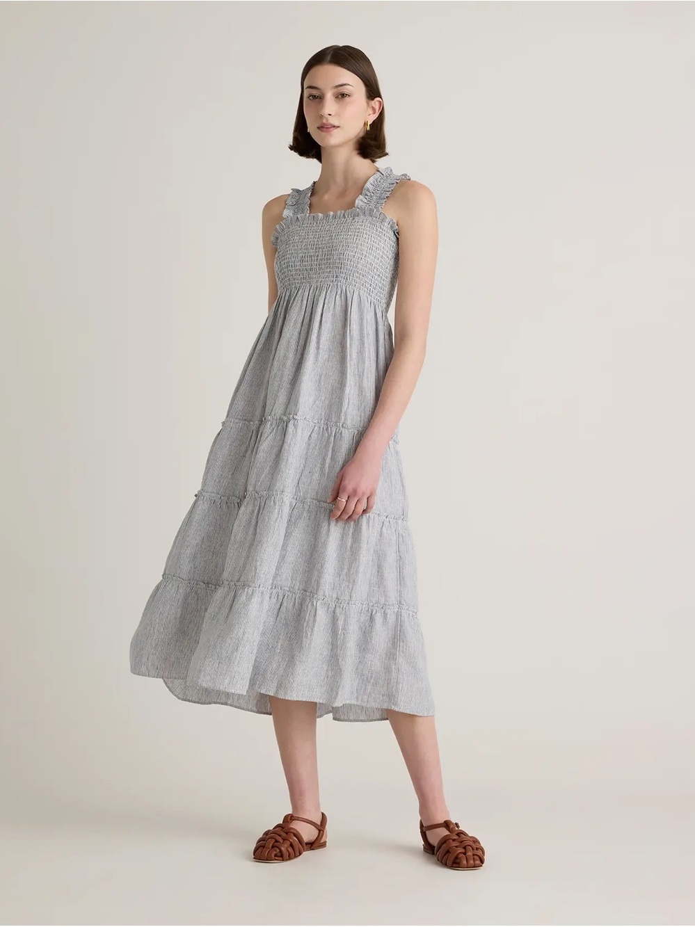 Quince 100% European Linen Smocked Midi Dress XS Grey